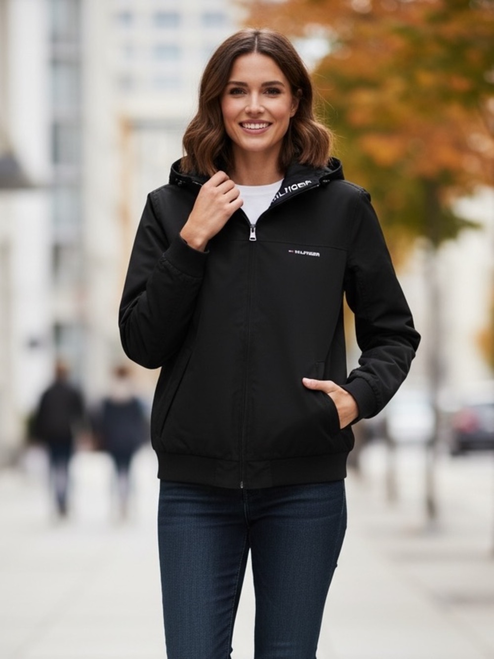 TOMMY HILFIGER Black High Neck Mid Weight Fall Rain Hooded Jacket Coat L